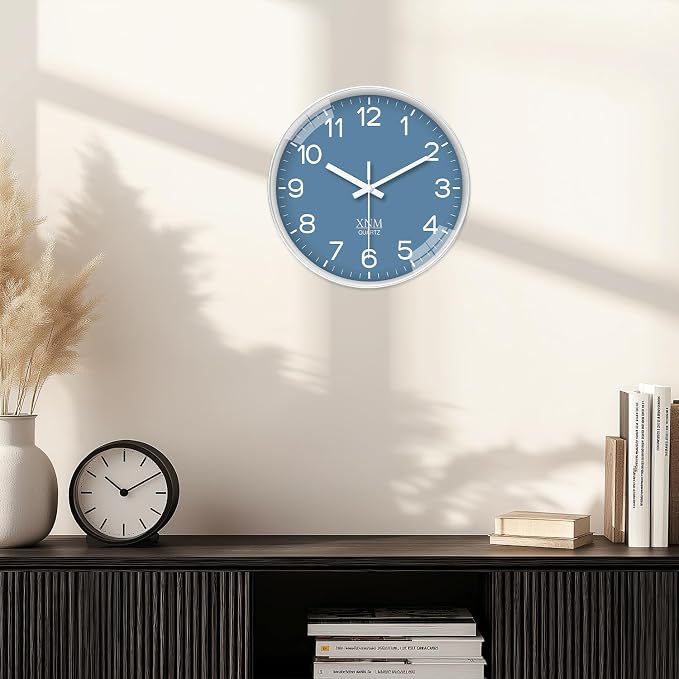 XNM Modern Blue Wall Clocks Battery Operated 10 Inch Classic Analog Clock for Home Office Bedroom Decor Minimalist Wall Clock Silent Non Ticking