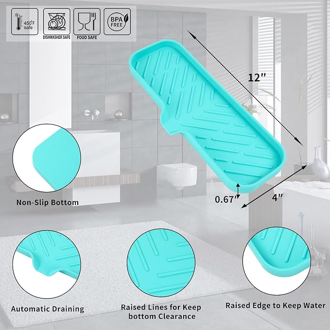 MicoYang Silicone Soap Dish with Drain Spout — Self-Draining Double Sink Organizer Tray for Kitchen & Bathroom, Dispensers, Sponges & Soap Holder, Non-Slip & Dishwasher Safe, Mint (Large, 12"×4")