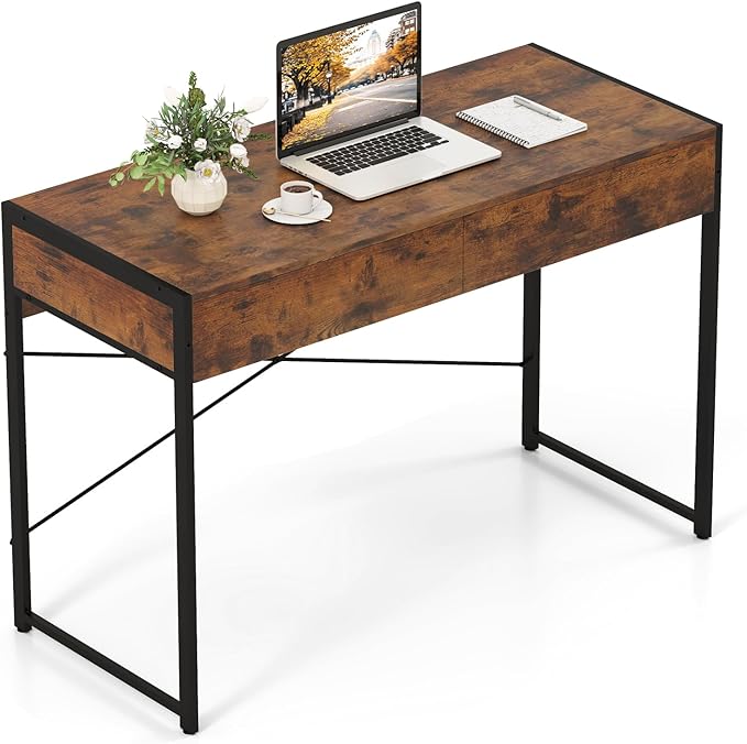 GOFLAME Modern 2-Drawer Computer Desk, Home Office Desk w/Reinforced Heavy-Duty Metal Frame, Versatile Study Writing Desk w/Anti-Tip Kit, Ideal for Bedroom, Study, Office, Small Spaces, Rustic Brown