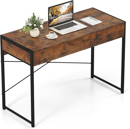 GOFLAME Modern 2-Drawer Computer Desk, Home Office Desk w/Reinforced Heavy-Duty Metal Frame, Versatile Study Writing Desk w/Anti-Tip Kit, Ideal for Bedroom, Study, Office, Small Spaces, Rustic Brown
