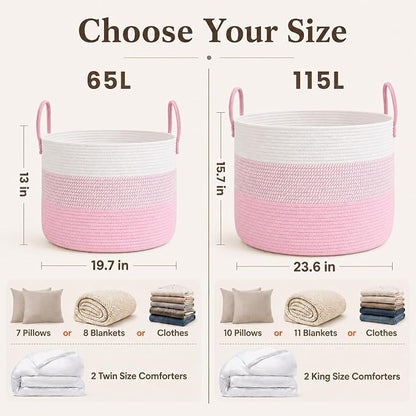 JMvicyroam 65L Extra Large Blanket Basket for Living Room - Woven Cotton Rope Laundry Hamper with Reinforced Handles - Storage Bin for Pillows, Comforters & Toys - Machine Washable,White&Pink Mix