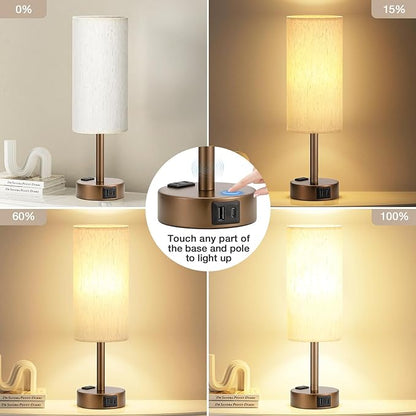 Fenmzee Brown Bedside Table Lamp for Bedroom - 3 Way Dimmable Touch Lamp USB C Charging Ports and AC Outlet, Small Lamp Round Flaxen Cream Fabric Shade for Living Room, Desk, LED Bulb Included