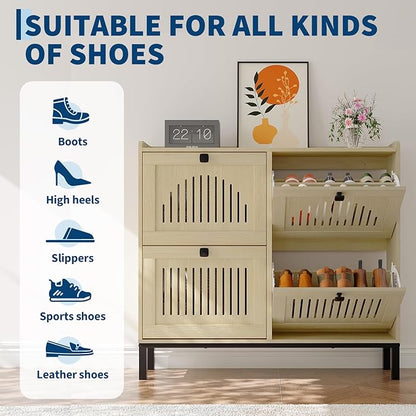 Garvee 4 Flip Drawer Shoe Cabinet with Adjustable Shelves, Hidden Shoe Organizer with Large Capacity, Freestanding Wooden Shoe Rack for Entryway, Hallway, Living Room, Natural