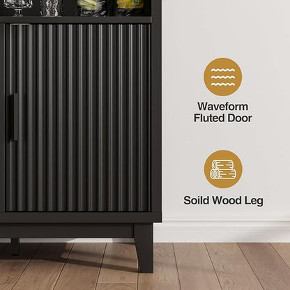 Fluted Buffet Cabinet with Storage, Modern Coffee Bar Cabinet with Outlet, Removable Wine Rack, Multi-Functional Accent Liquor Cabinet for Living Room, Entryway, Kitchen, Black