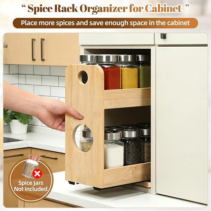 Tfro & Cile Pull Out Spice Rack Organizer for Cabinet 2-Tier Vertical Bamboo Slide Out Seasoning Organization for Kitchen Pantry