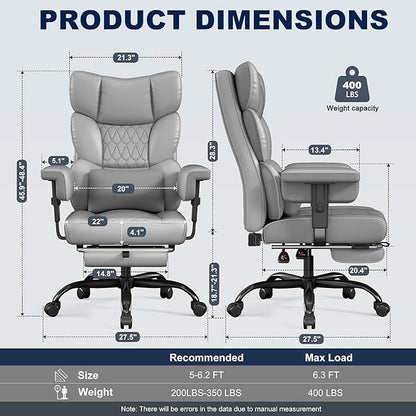 Misolant Big and Tall Office Chair with Footrest, High Back Executive Desk Chair with Adjustable Lift Armrest, 155°Recline，Lumbar Support Pillow, Faux Leather Gaming Chairs for Home or Office Gray