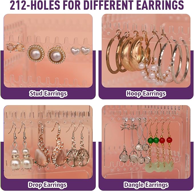 360° Rotating Jewelry Organizer Stand with 5 Layers,Acrylic Earring Holder Organizer Stand,212 Holes and 212 Grooves for Studs,Dangly Earrings,Chains,Bracelets,Necklace