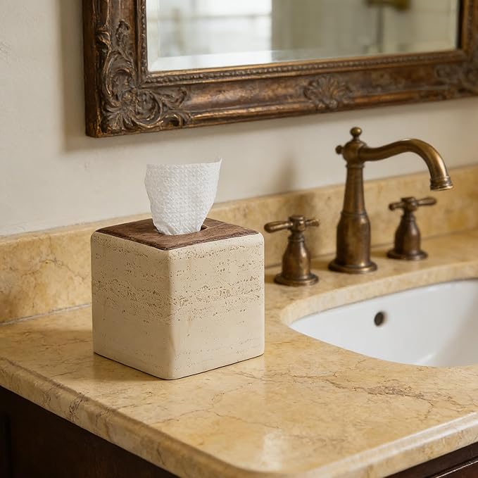 Natural Travertine & Wood Textures Tissue Box Cover Square for Home Decor,Resin Heavy Tissue Box Holder for Bathroom Countertop,Tabletop,Bedside Table,Office (Handmade of Resin)