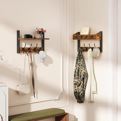 YMYNY 31.5" Coat Rack Wall Mount with Shelf, 4 in 1 Key and Coat Hanger with 12 Metal Hooks, Wall Shelf with Hooks & Mail Holder for Living Room, Bedroom, Rustic Brown, HWS007H-2