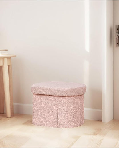 B FSOBEIIALEO Storage Ottoman for Dorm Room, Boucle Folding Storage Ottoman Foot Rest, 16.14 Inches Small Collapsible Ottoman Cube for Living Room Pink