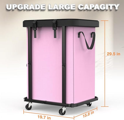 150L (40 Gal) Large Fashion Laundry Basket with Wheels, Leather Patchwork Rolling Hamper Carts, Sturdy Metal Frame, Removable Washable Bag, Tall Clothes Sorter for Bedroom (Pink, 1 Section-150L)