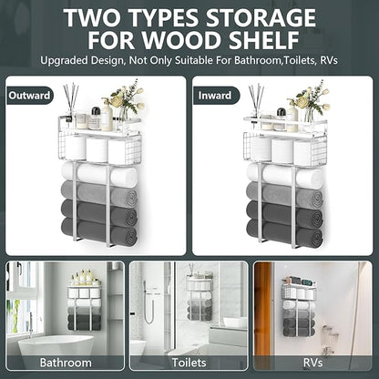 Towel Racks for Bathroom, Bathroom Shelf Over Toilet,Floating Shelves with Towel Rack Paper Holder Storage Basket,Floating Shelves for Wall Decor,Silver