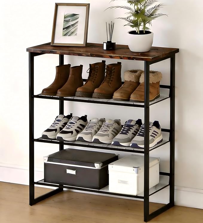 Garden 4 you 4-Tiers Shoe Storage Freestanding Organizer Modern 25.2 in Tilting Adjustable Shoe Rack for High Heels, Entryways, Hallways, Closets, Dormitory Rooms, Industrial, Brown
