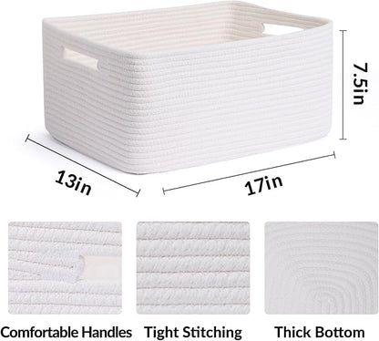 MiniArk Large Storage Baskets for Shelves, Closet Organizers Bins for Clothes Blanket Towels, Baby Nursery, Toy Baskets Box, Woven Rope Baskets, 17 x 13 x 7.5”, 3 Packs Off White
