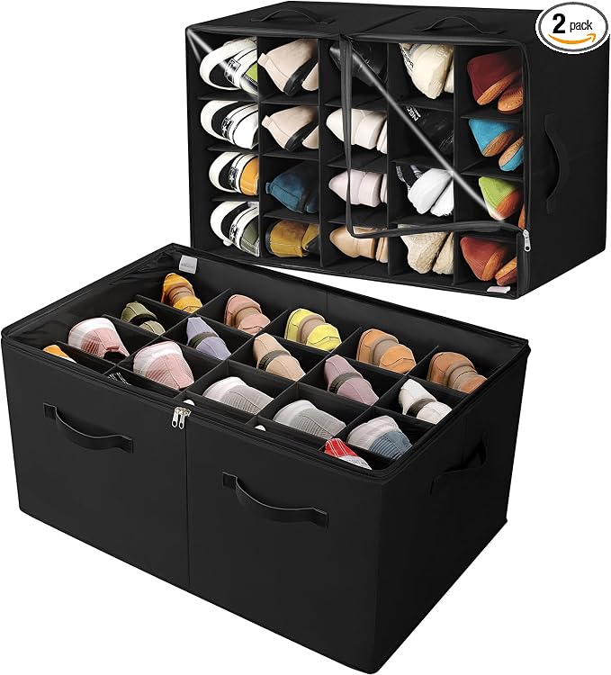 TOPIA HOME Shoe Organizer for Closet 2 Pack, Foldable Shoe Box with Adjustable Divider and Clear Cover, Space Saving Shoe Storage Organizer Cabinet with Reinforced Handles, Fits 40 Pair, Black, TP11B