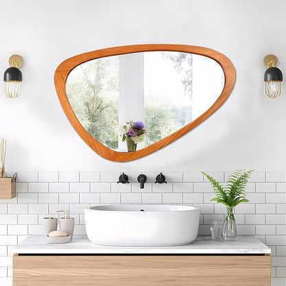 FUIN Asymmetrical Irregular Wall Mirror 30.5" x 19.5" – Solid Wood Frame Mid Century Modern Decor, Organic Pebble Shaped HD Glass for Bathroom Vanity, Bedroom, Living Room & Entryway (Teak Finish)
