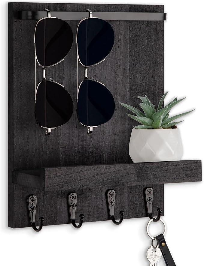Key Holder Wall Mount, Key Holder for Wall with 4 Hooks, Farmhouse Key Hanger Holds Dog Leash, Sunglasses – Decorative Mail Organizer Home Decor (Black)