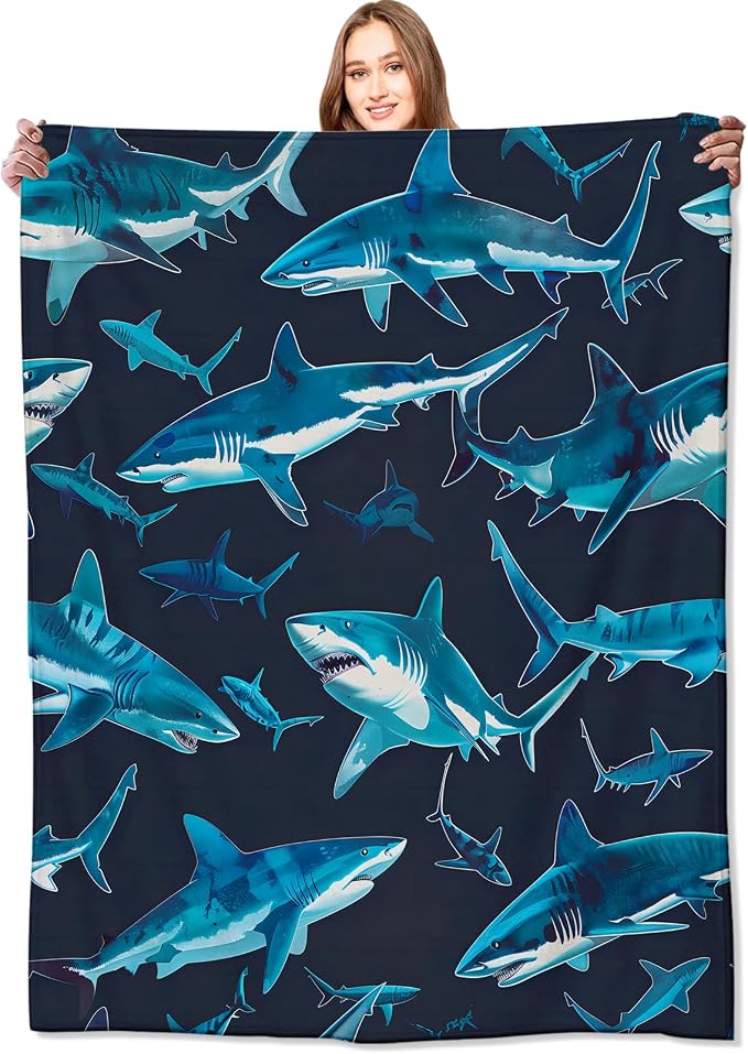 Blue Shark Blanket,Vibrant Deep Sea Sharks Throw Blankets,Gifts for Kids & Marine Life Lovers,Lightweight Soft Fleece,for Picnic Sofa Couch Bed Room Travel,Birthday Decor,60x80in