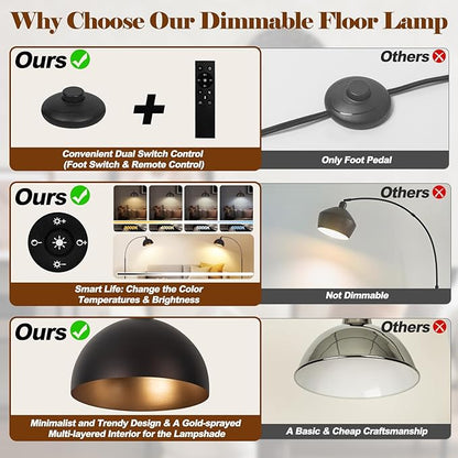 Bronze Arch Floor Lamps for Living Room Dimmable - Upgraded 9W LED Arc Lamp with 4 Color Temperatures, Remote Control Rustic Arched Floor Lamp, Reading Standing Lamp for Bedroom (Bulb Included) Brown