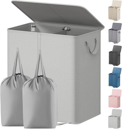 Lifewit Double Laundry Hamper with Lid and Removable Laundry Bags, Large Collapsible 2 Dividers Dirty Clothes Basket with Handles for Bedroom Laundry Room Closet Bathroom College, 136L Silver Gray