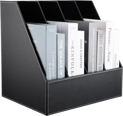 KINGFOM 4-Slot Wood Leather Document Files Holder Rack Stand Desk Files Organizer Papers Collection Cabinet (4 slot Black)