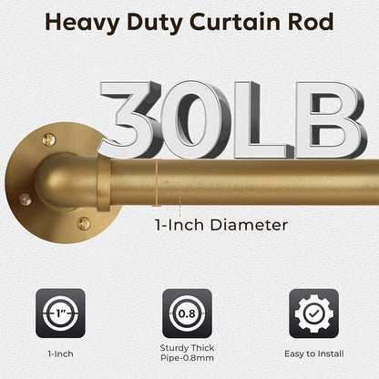 Zeerobee Curtain Rods for Windows 72 to 144, 1 Inch Industrial Wrap Around Warm Gold Curtain Rod, Indoor/Outdoor Room Divider Adjustable Drapery Pole, 72"-144"