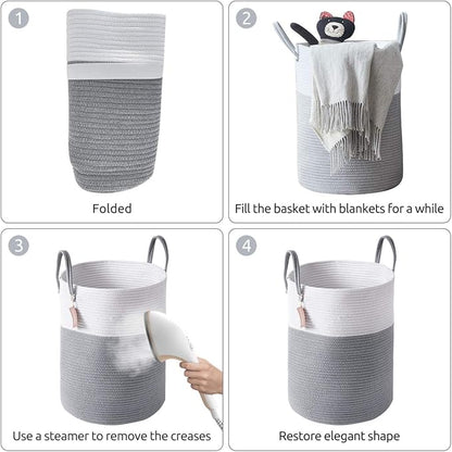 Cotton Rope Laundry Hamper by YOUDENOVA, 58L - Woven Collapsible Laundry Basket - Clothes Storage Basket for Blankets, Laundry Room Organizing, Bedroom Storage, Clothes Hamper – Grey