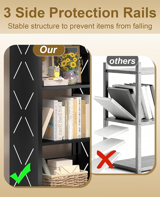 METALOONG Book Shelf, 3-Tier Adjustable Bookcase with Anti-Tip Kit & Leveling Feet, Heavy-Duty Metal Storage Organizer, Modern Corner Shelves for Kitchen, Garage, Home Office - Black