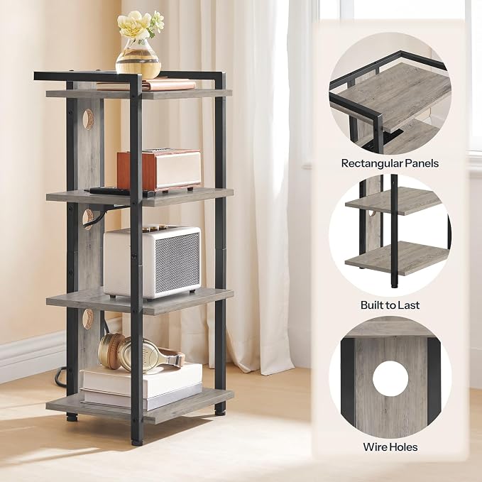 HOOBRO 4-Tier AV Media Stand, Media Console with Charging Station and LED Light, Wooden Stereo Cabinet, Corner TV Stand, Record Player, Entertainment Device Stand, BG38UDCJ01
