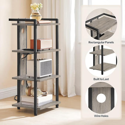 HOOBRO 4-Tier AV Media Stand, Media Console with Charging Station and LED Light, Wooden Stereo Cabinet, Corner TV Stand, Record Player, Entertainment Device Stand, BG38UDCJ01