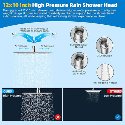 Hibbent All Metal cUPC Certified Shower Head, 12'' High Pressure Rainfall Shower Head, Showerhead Combo, Handheld Shower Wand, 12'' Adjustable Extension Arm, 4-Spray, 71'' Hose, Shower Holder, Chrome