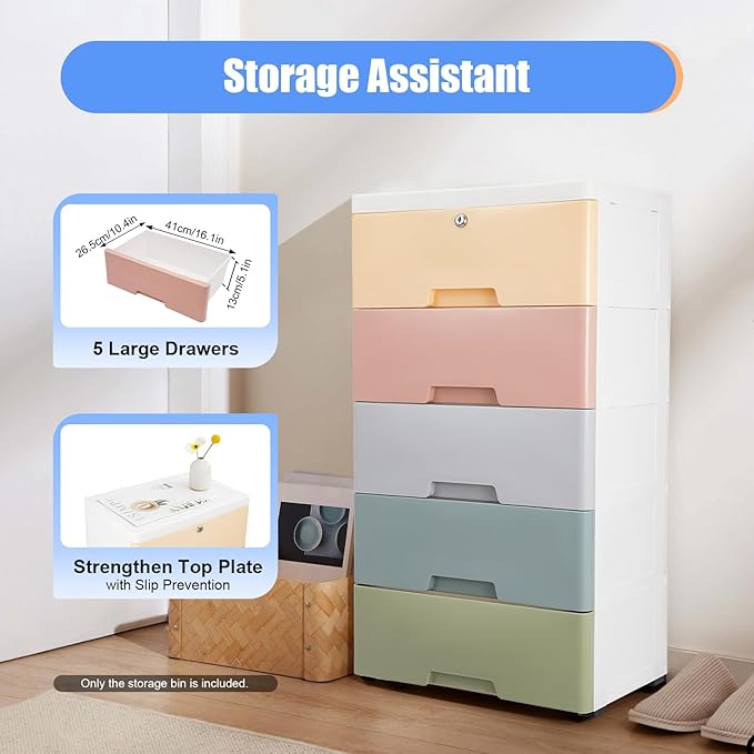 Plastic Dresser for Bedroom with 5 Drawers,Stackable Vertical Storage Tower, Small Dresser Chest of Drawers, Mobile Drawer Storage Cabinet with Wheels for Hallway Entryway,Bedroom Furniture (Macaron)