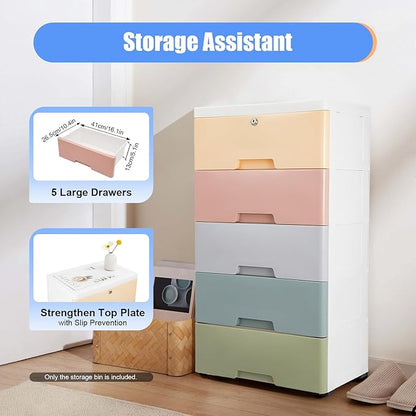 Plastic Dresser for Bedroom with 5 Drawers,Stackable Vertical Storage Tower, Small Dresser Chest of Drawers, Mobile Drawer Storage Cabinet with Wheels for Hallway Entryway,Bedroom Furniture (Macaron)