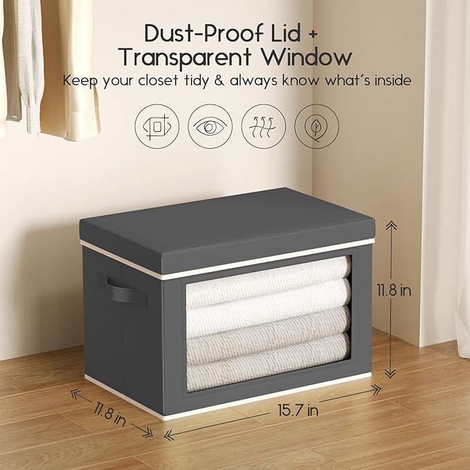 Collapsible Storage Bins with Lids - Stackable Storage Boxes with Window, 15.7 Inch Fabric Organizing Bins for Closet, Home & Office Organization Baskets, Dark Grey, 3 Pack