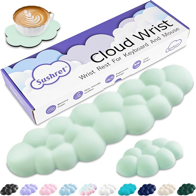 Sushret Cloud Wrist Rest Keyboard, Cloud Keyboard Wrist Pad Set with PU Leather Memory Foam, Cute Arm Rest for Palm Support, PC/Gaming Desk Accessories/Office Setup/Computer Hand Cushion - Light Green