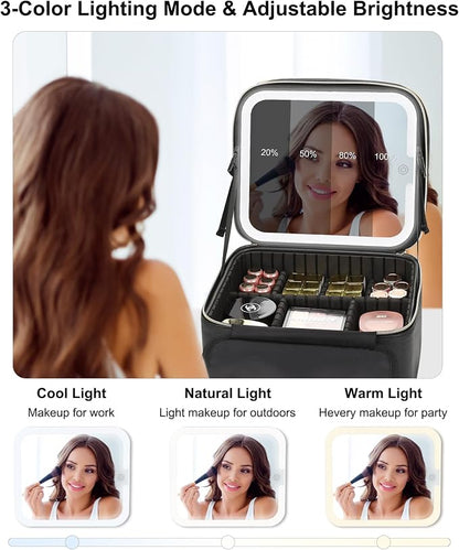 Relavel Makeup Bag with LED Mirror, Small Travel Makeup Case with Rechargeable Lighted Mirror 3 Color Lights, Double Layer Cosmetic Box Makeup Brush Lipstick Holder Organizer for Women, Black