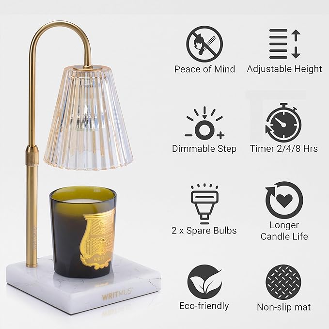 Candle Warmer Lamp with Dimmer & Timer- Wax Melt Warmer Fits All Candle Size - 2 Bulbs Included (White Marble)