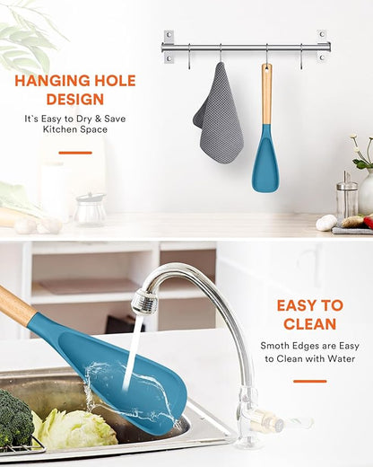 Cooking Spoon for Nonstick Cookwares, Great for Cooking and Serving Sturdy BPA-Free Matte Silicone, Wood Handle Spoon for Mixing, Scoop, and Scrape (TURQ, 13.4 inch)