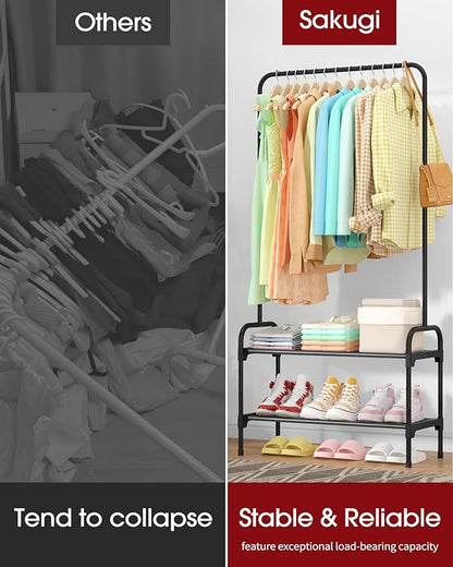 Clothes Rack - Clothing Rack with 2-Tier Shoe Rack and Anti-Slip Stopper, Shoe Organizer for Entryway, Bedroom, or Laundry, Black, 29" × 12.2" × 59.3"