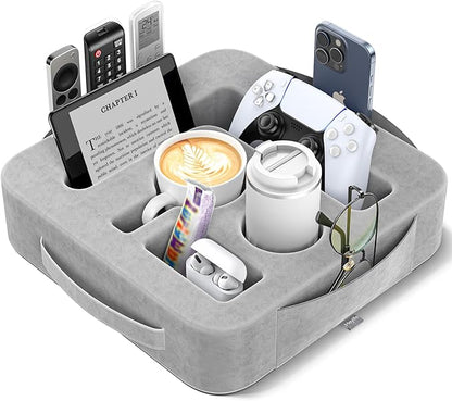 Couch Cup Holder Pillow, Sofa and Bed Caddy for iPad, Kindle, Switch, Game Controller, Remotes, Phones, Small-Sized Cup and Drink Holder for Couch, Bed, Desk, Car, Bathroom Cup Holder, Ash Gray