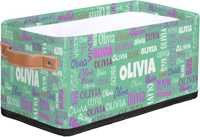 Custom Small Storage Basket Name, Mint Green Rectangular Storage Bins with Handles Organizing Boys Girls Pets Toys Clothes Books for Countertop Toilet Paper Basket Closet Shelf