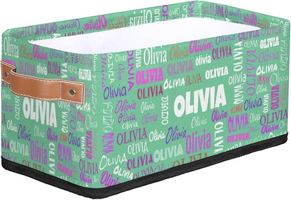 Custom Small Storage Basket Name, Mint Green Rectangular Storage Bins with Handles Organizing Boys Girls Pets Toys Clothes Books for Countertop Toilet Paper Basket Closet Shelf