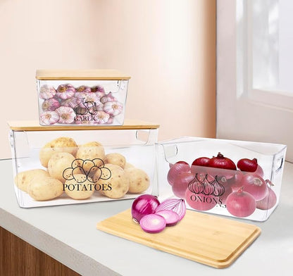 Potato and Onion Storage Bins, Transparent Acrylic Bin with Bamboo Lid, Stackable Vegetable Storage Bins for Potato, Onion, Garlic, Set of 3