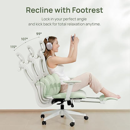 CabLady S1 Petite Ergonomic Office Chair Design with Detachable Pillow Lumbar Cushion, Coat Hanger, 2D Headrest & PU Armrests, Cloud Seat & Footrest Cute Desk Chair for Women Girls