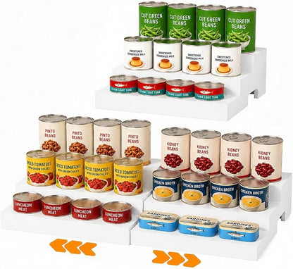 Expandable Wooden Can Organizer for Pantry, Adjustable 3-Tiered Shelf Holds 24 Cans, Rack for Cabinet & Countertop, Space Saving Holder for Small Kitchens & Apartments, White