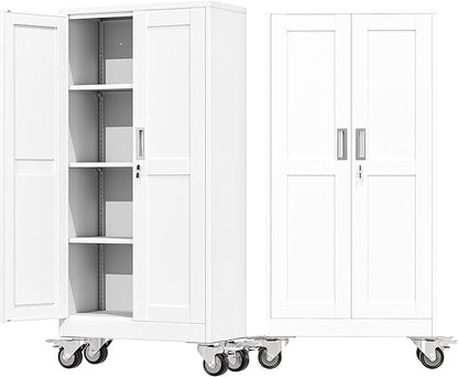 61" Tall Metal Garage Storage Cabinet with Wheels and Locking Doors and Tall Rolling Steel Tool Cabinet with 3 Adjustable Shelves for Garage,Home,Office,Shop (White)
