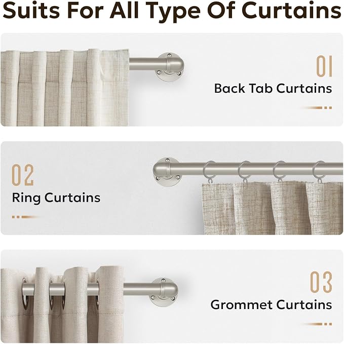 Zeerobee Curtain Rods for Windows 120 to 240, 1 Inch Industrial Wrap Around Brushed Nickel Curtain Rod, Indoor/Outdoor Room Divider Adjustable Drapery Pole, 120"-240"
