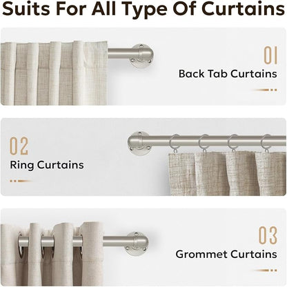 Zeerobee Curtain Rods for Windows 32 to 48, 1 Inch Industrial Wrap Around Brushed Nickel Curtain Rod, Indoor/Outdoor Room Divider Adjustable Drapery Pole, 32"-48"