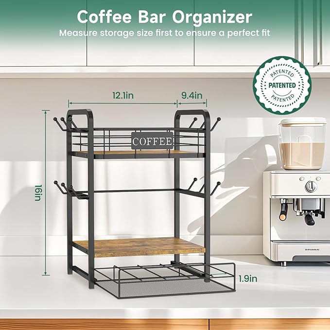 EsLuker.ly Coffee Bar Organizer Station Shelf Mug Holder, 3 Tier Coffee Cup Stand Rack for Countertop with 12 Hooks, K Cup Pod Organizer Drawer for Home Office, Keeps Essentials Tidy & Accessible