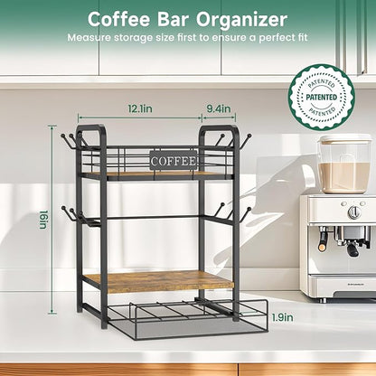 EsLuker.ly Coffee Bar Organizer Station Shelf Mug Holder, 3 Tier Coffee Cup Stand Rack for Countertop with 12 Hooks, K Cup Pod Organizer Drawer for Home Office, Keeps Essentials Tidy & Accessible
